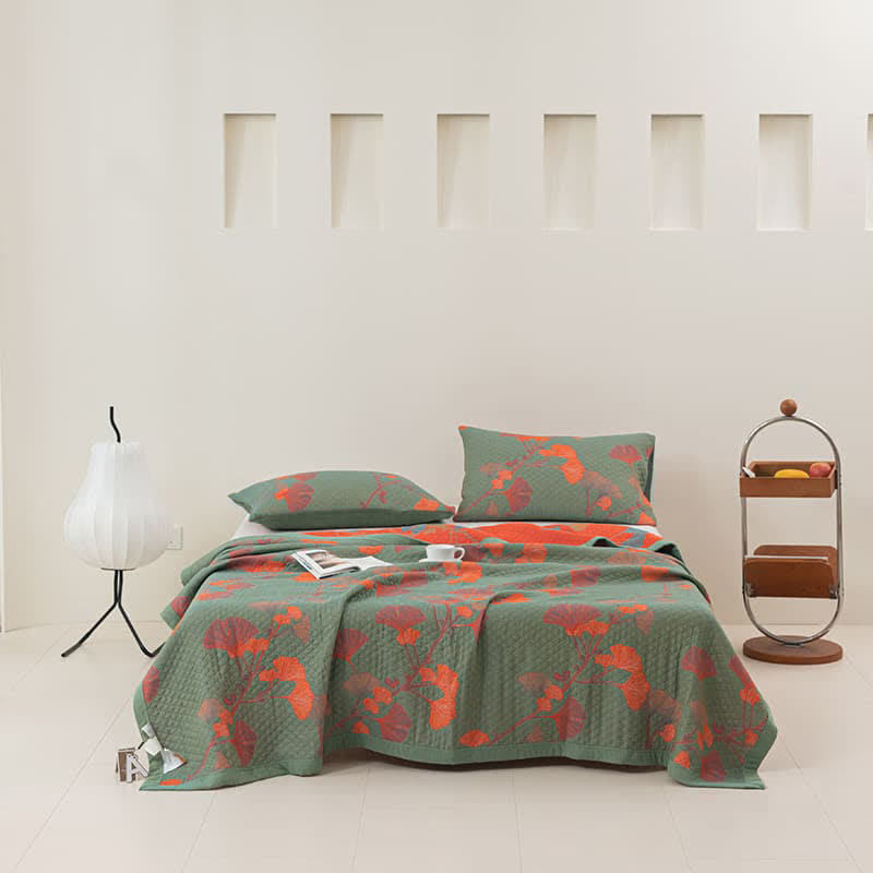 Reversible Cotton Blanket with Orange Ginkgo Leaf Design