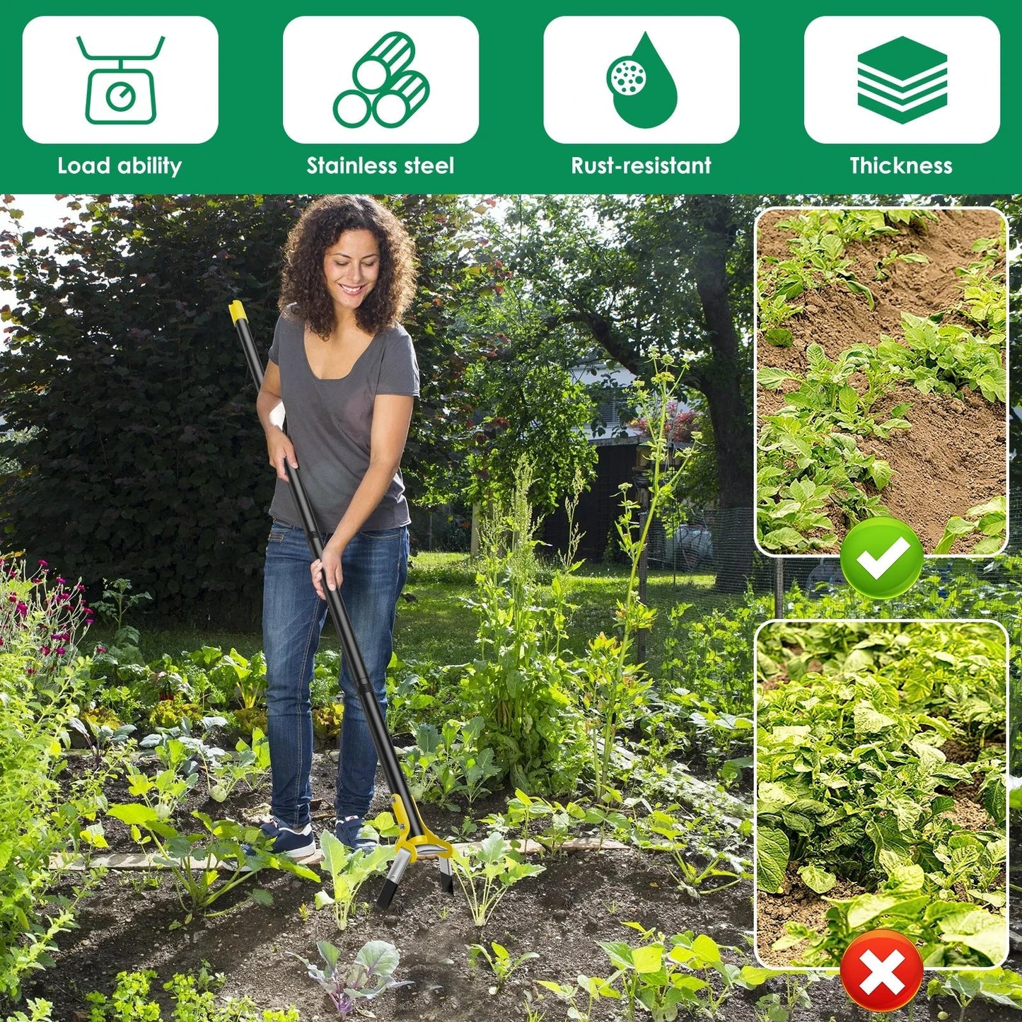 Garden Hoe | Triangular Weeder in Stainless Steel | Ergonomic Stirrup Hoe with 120–160 cm Handle