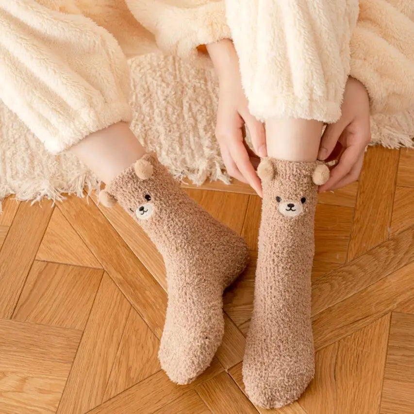 Warm Fuzzy Socks for Women | Soft & Plush | 3D Bear Print | Japanese-Korean Style