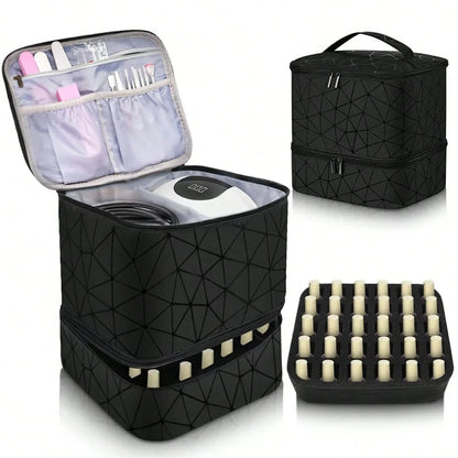 Portable Cosmetic Bag for Women | Double-Tier Nail Polish Holder | Travel Case