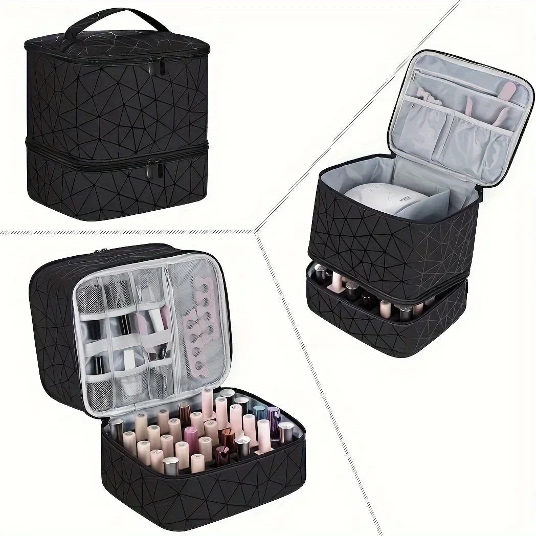 Portable Cosmetic Bag for Women | Double-Tier Nail Polish Holder | Travel Case