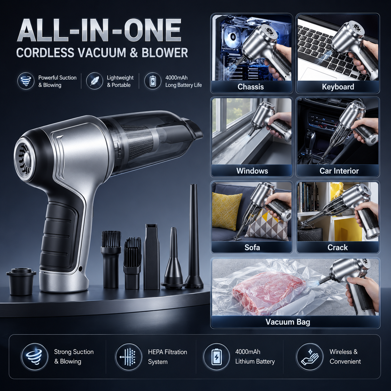 Cordless Portable Vacuum Cleaner for House, Vehicle & Pet Fur