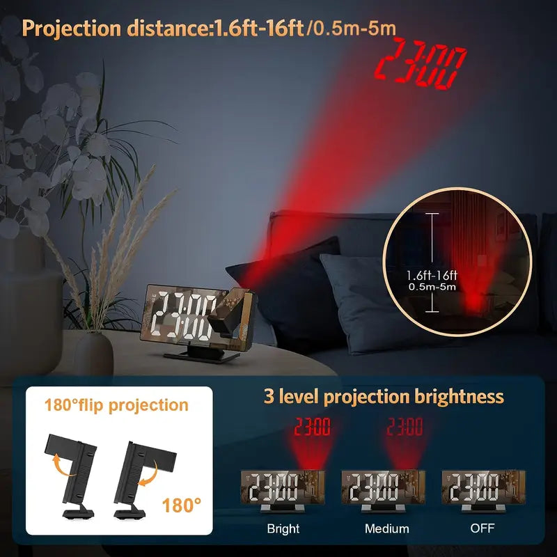 180° Adjustable LED Projection Clock – Snooze, 12/24H Time & Temp Display, Mirror Design – USB Powered, Night Mode & Memory Function