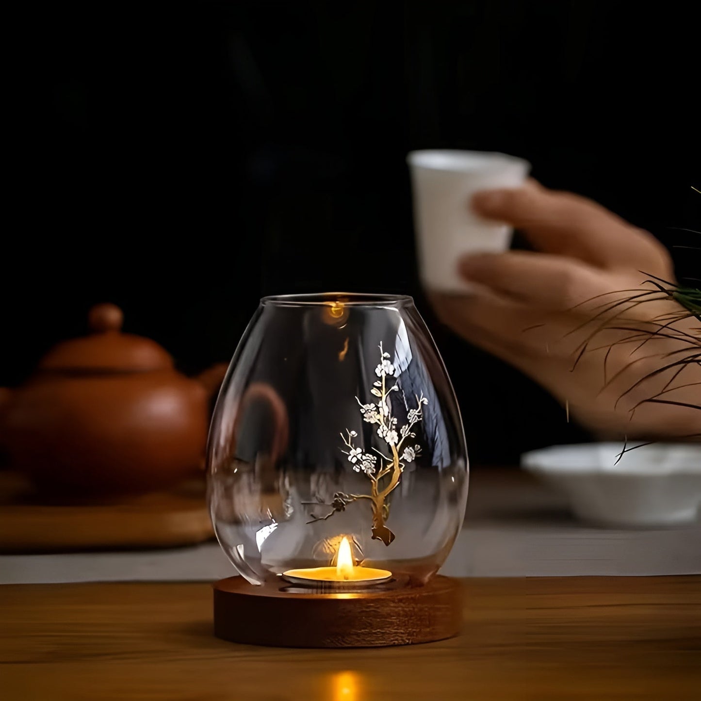 Elegant 2-Piece Glass Candle Holders with Wooden Base