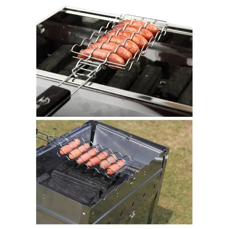 Stainless Steel BBQ Basket for 6 Hot Dogs with Wooden Handle | 55.5 cm Grill Accessory