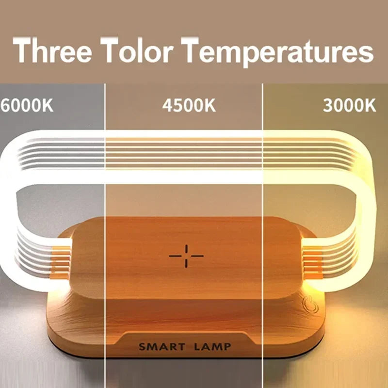 LED Desk Lamp with Wireless Charging and Touch Control – Dimmable, Wood Finish