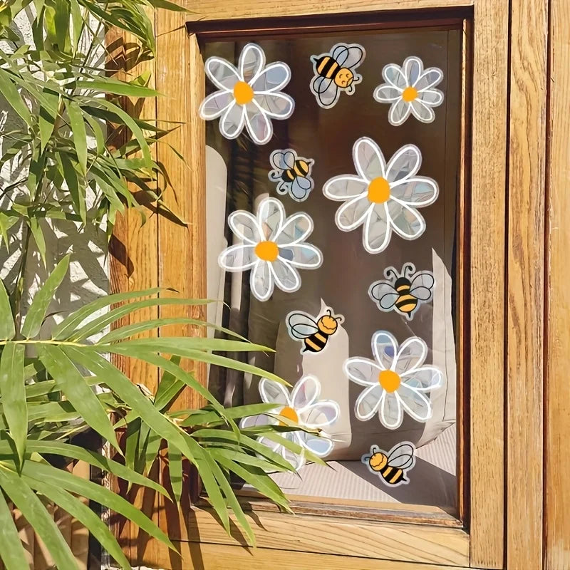 Spring Window Stickers | Colorful Bees & White Flowers | Double-Sided Static Glass Decor