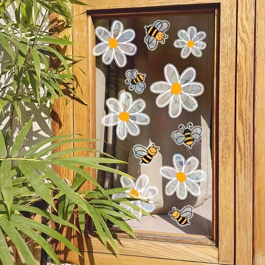 Spring Window Stickers | Colorful Bees & White Flowers | Double-Sided Static Glass Decor