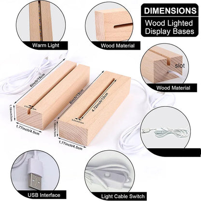 Rectangular LED Night Light with Wooden Base | USB Powered | Acrylic and Resin Display