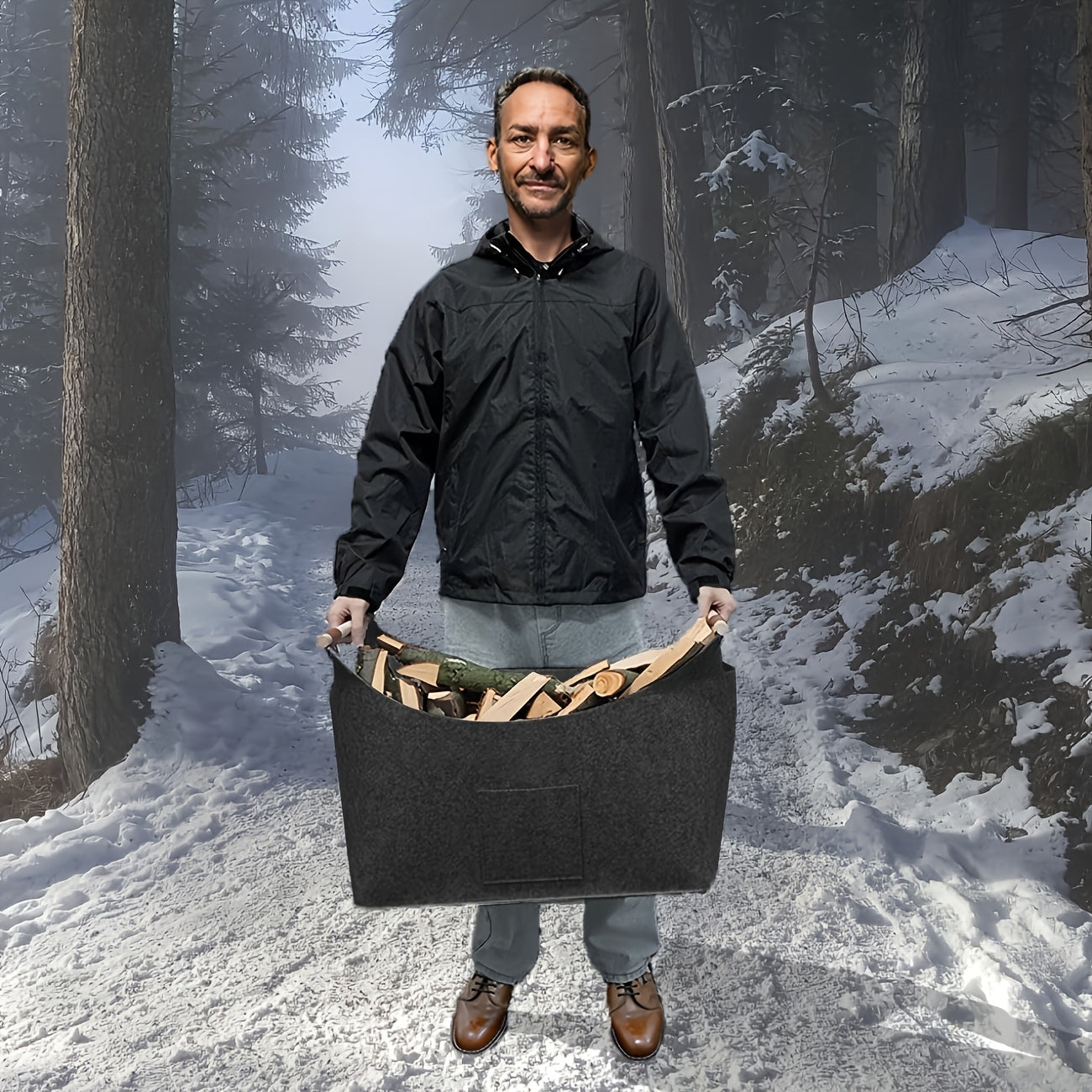 Foldable Felt Wooden Box 55 Liters with Wooden Handles and Leather Accents, Dark Gray