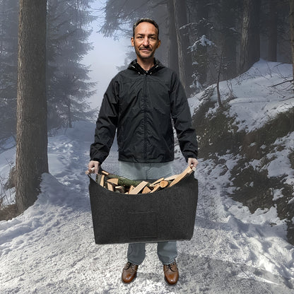 Foldable Felt Firewood Carrier | 55L Capacity | Dark Gray with Wood Handles & Leather Accents