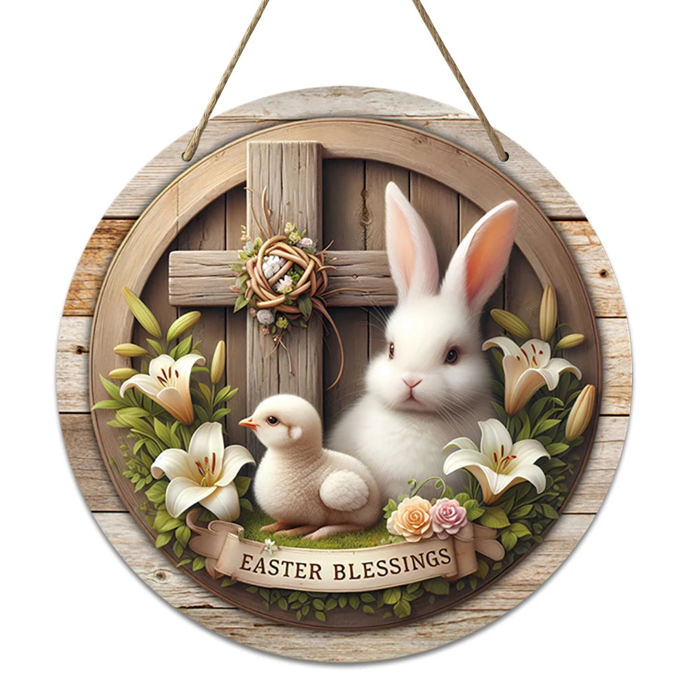 Spring Wooden Door Decoration - Rustic Bunny Wall Sign