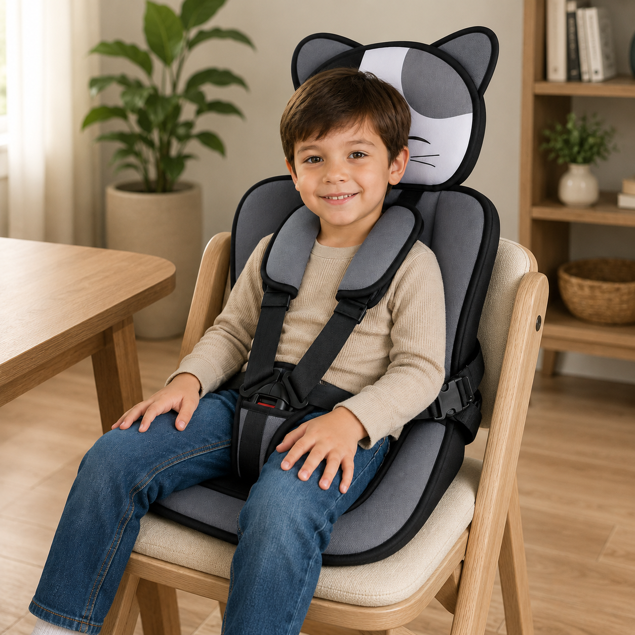 Adjustable Straps Kids Seat Cushion Featuring a Cute Cat Design