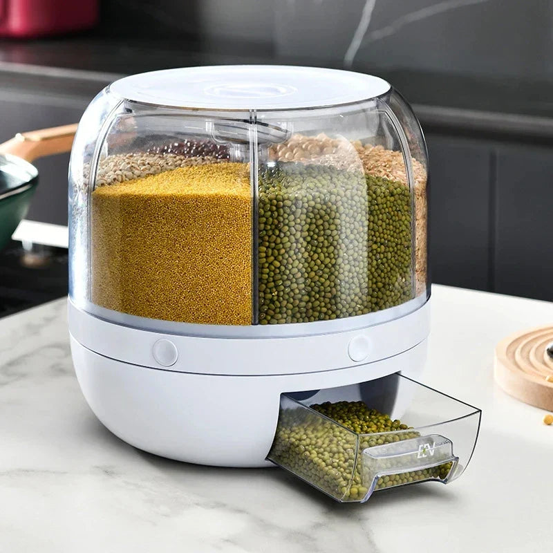 Revolving Grain Storage Dispenser with Clear View Design