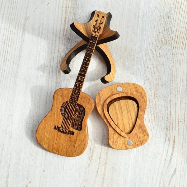 Custom Oak Wood Guitar Pick Holder with Display Stand