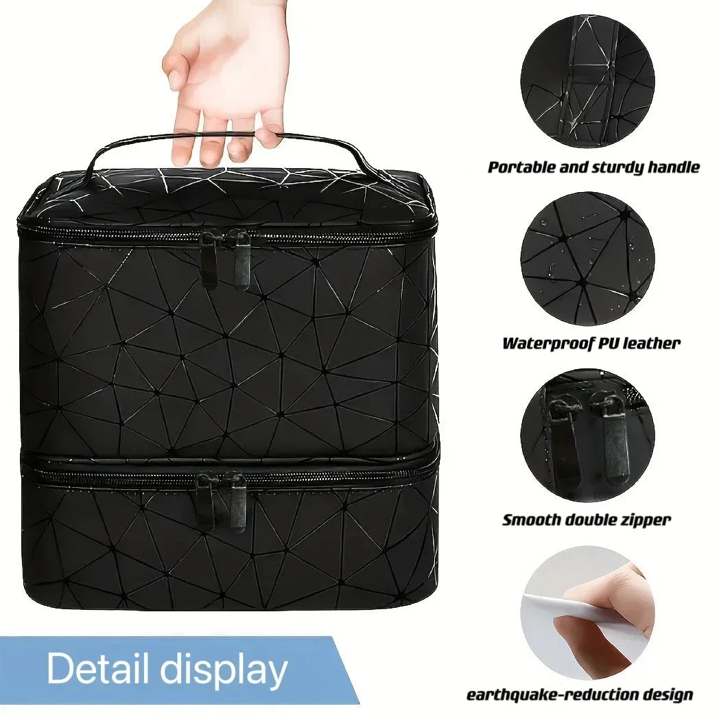 Portable Cosmetic Bag for Women | Double-Tier Nail Polish Holder | Travel Case