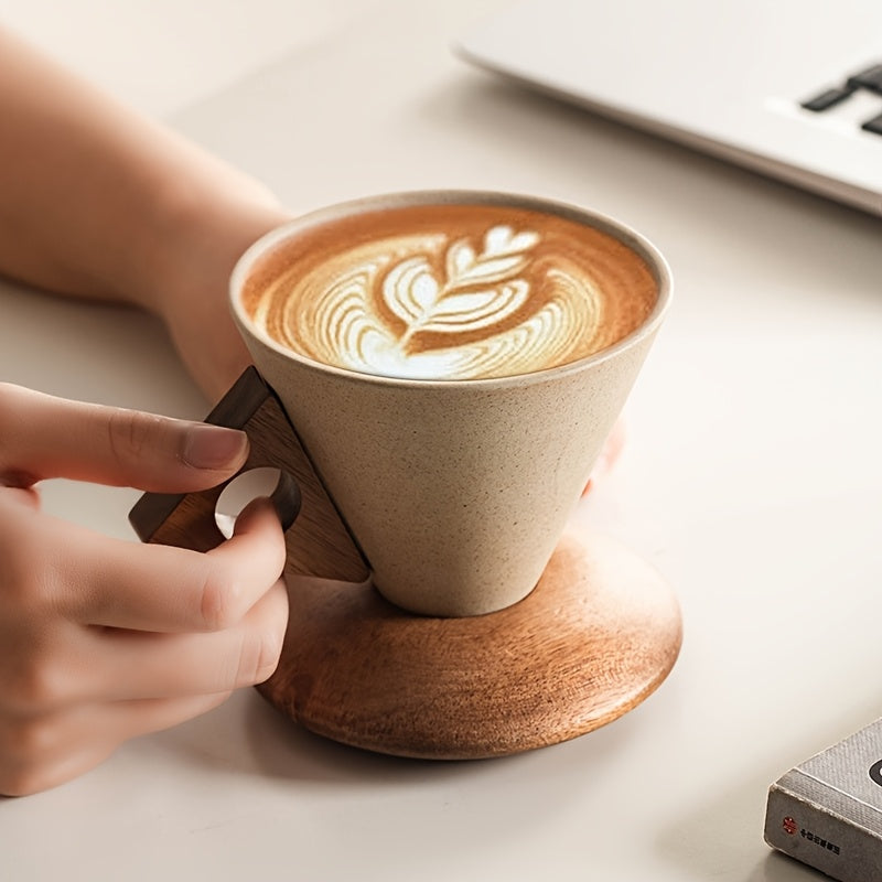 Ceramic Coffee Mug 250ml – Handmade with Wooden Handle and Coaster