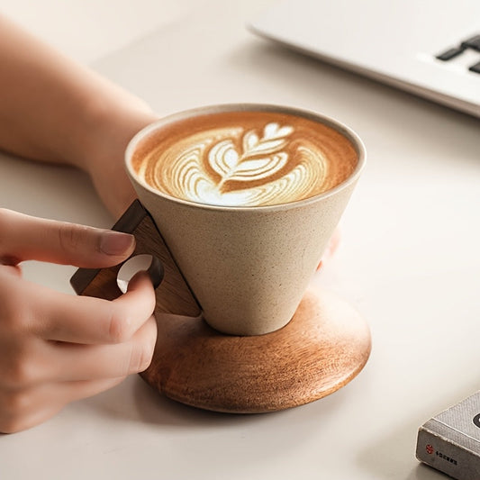 Ceramic Coffee Mug 250ml – Handmade with Wooden Handle and Coaster