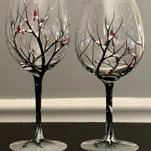 Hand-Painted Art Wine Glasses - Tree of the Four Seasons