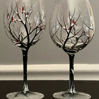Hand-Painted Art Wine Glasses - Tree of the Four Seasons