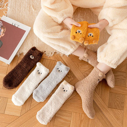 Warm Fuzzy Socks for Women | Soft & Plush | 3D Bear Print | Japanese-Korean Style