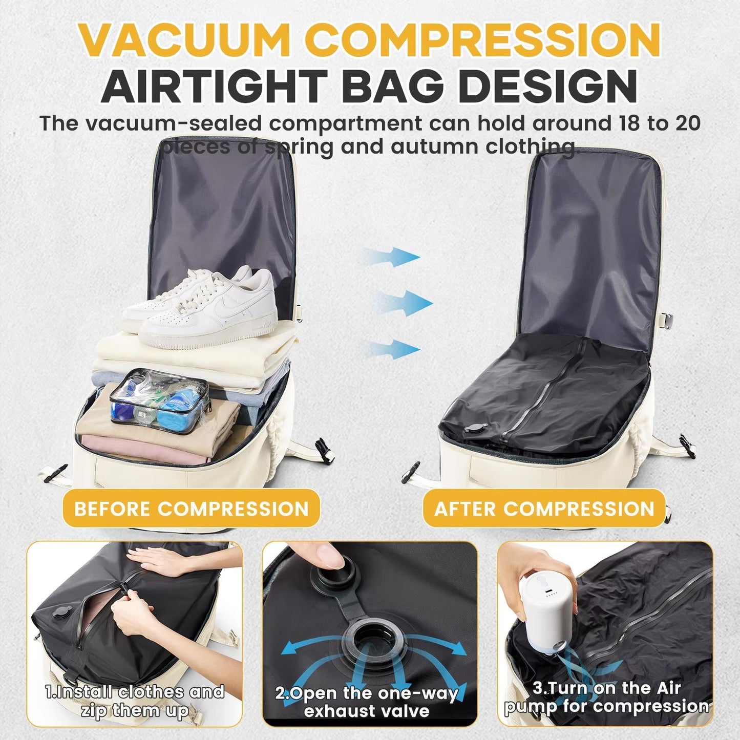 Travel Backpack with Vacuum Compression Feature
