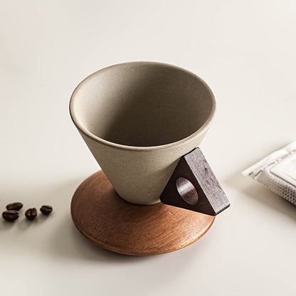 Handcrafted Ceramic Coffee Mug with Wooden Handle and Saucer - 250ml