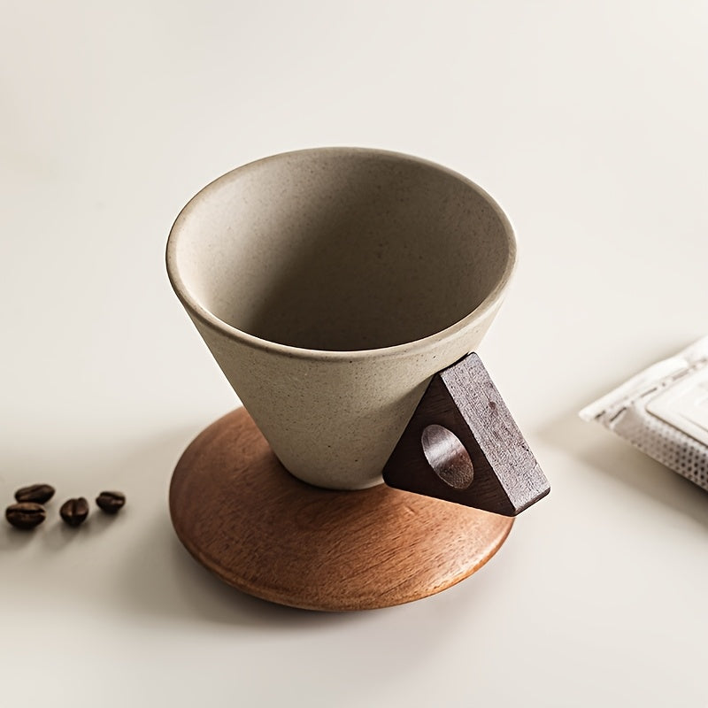 Handcrafted Ceramic Coffee Mug 250ml with Wooden Handle and Coaster