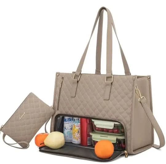 Water-Resistant Women's Quilted Bag with Cooler, Shoulder Strap & Pouch