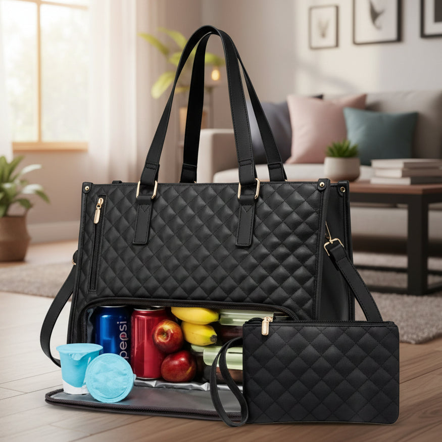 Water-Resistant Women's Quilted Bag with Cooler, Shoulder Strap & Pouch