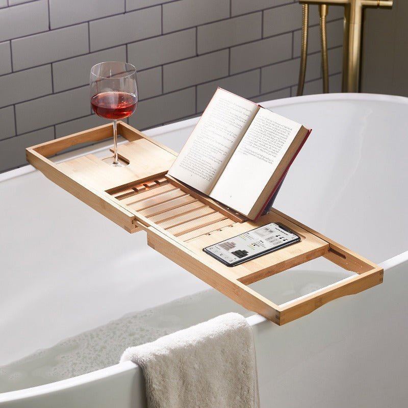 Extendable Bamboo Bath Tray with Wine Glass & Book Holder