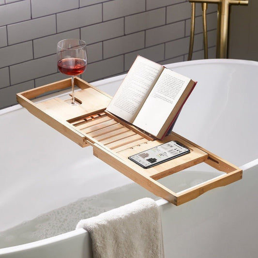 Extendable Bamboo Bath Tray with Wine Glass & Book Holder