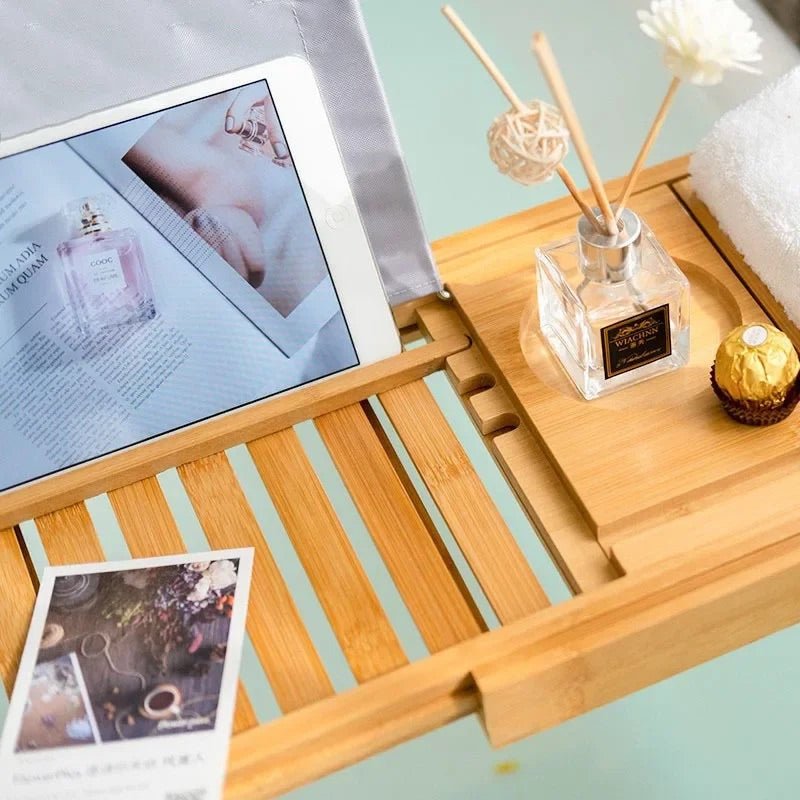 Extendable Bamboo Bath Tray with Wine Glass & Book Holder