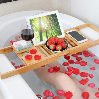 Extendable Bamboo Bath Tray with Wine Glass & Book Holder