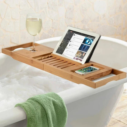 Extendable Bamboo Bath Tray with Wine Glass & Book Holder