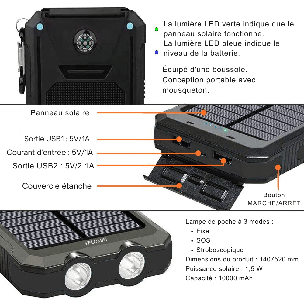 10,000 mAh Waterproof Shockproof Solar Battery – Rechargeable