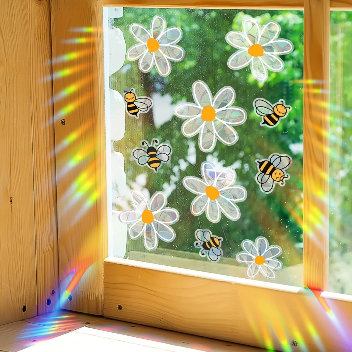 Spring Window Stickers | Colorful Bees & White Flowers | Double-Sided Static Glass Decor