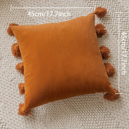 Boho Velvet Cushion Cover with Handmade Tassels | Soft Texture | 45x45 cm