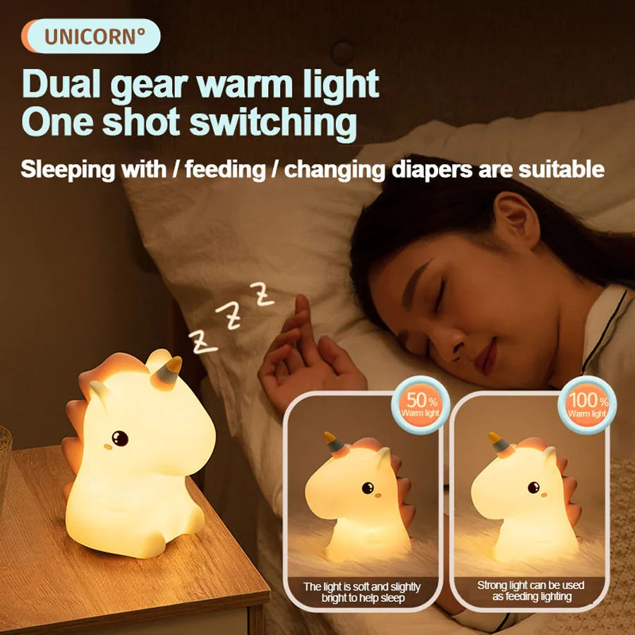 LED Unicorn Night Light | Soft Silicone, Rechargeable via USB | Touch Control & Dual Brightness | Perfect for Kids' Rooms & Gift Option