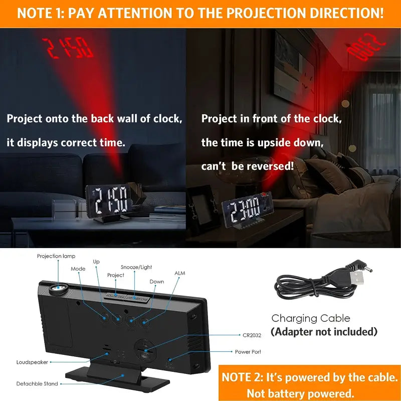 180° Adjustable LED Projection Clock – Snooze, 12/24H Time & Temp Display, Mirror Design – USB Powered, Night Mode & Memory Function