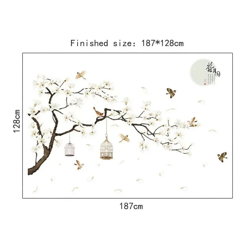 XXL Tree Wall Sticker 187x128 cm | Bird and Flower Wall Decal | Home Decor for Living and Bedroom