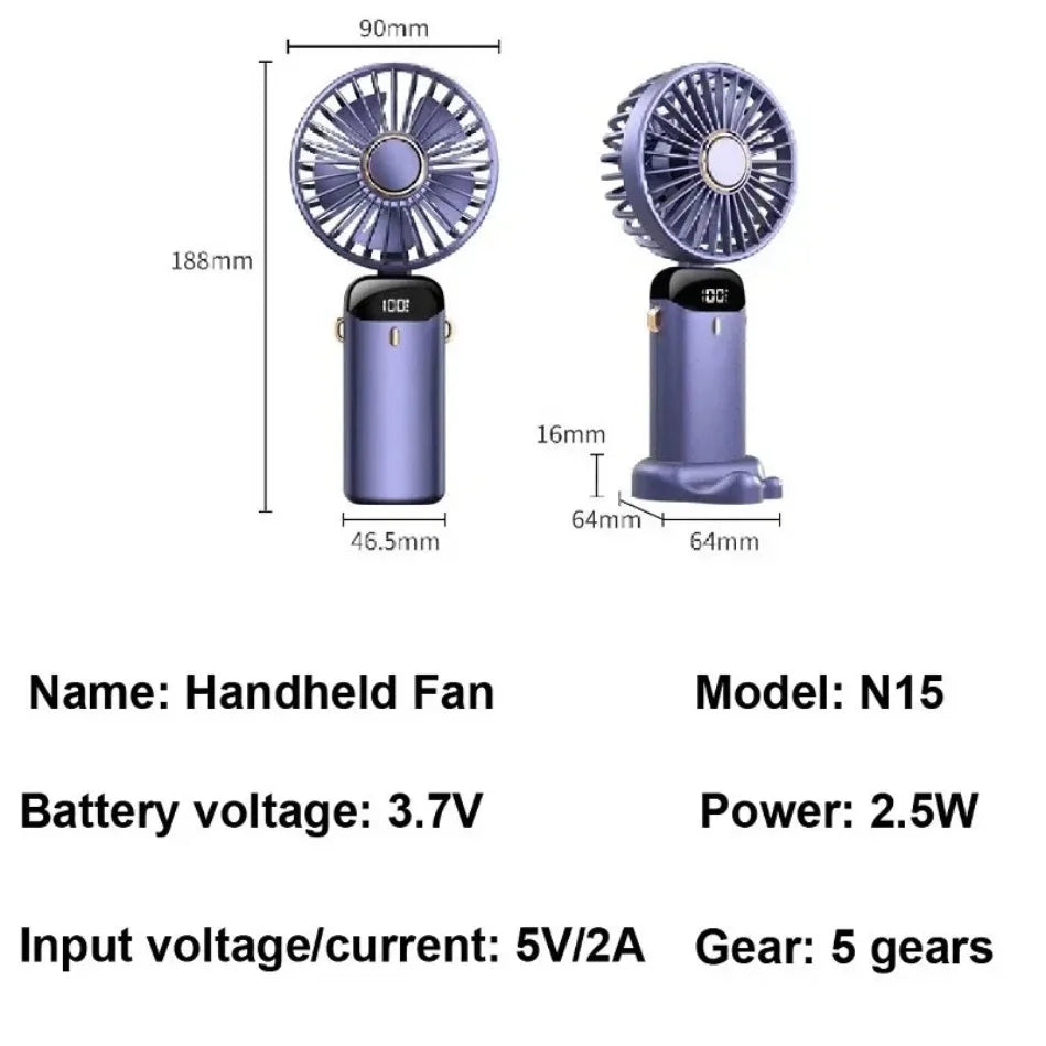 Compact Fan with 5 Speed Settings | 3000 mAh Rechargeable Battery | Foldable Design with LED Display