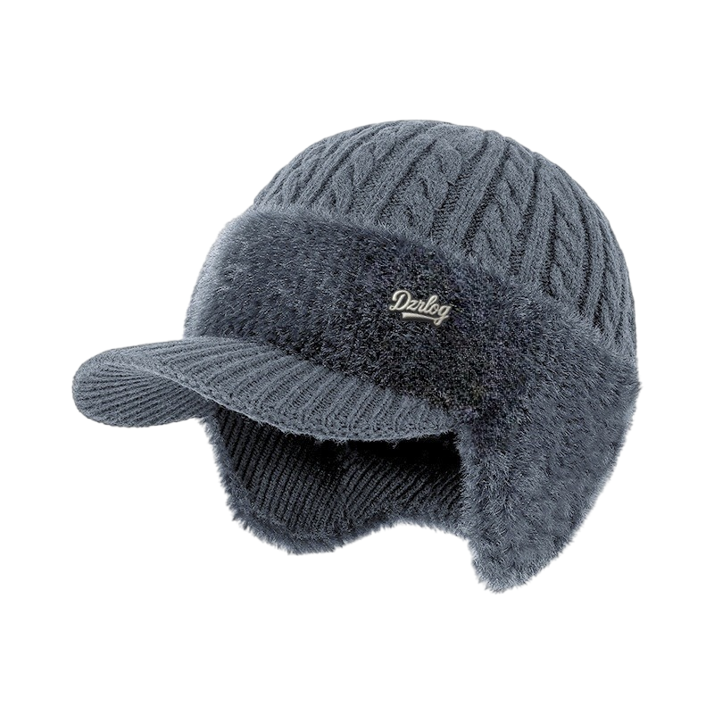 Fleece-Lined Cable Knit Beanie with Ear Protection and Visor