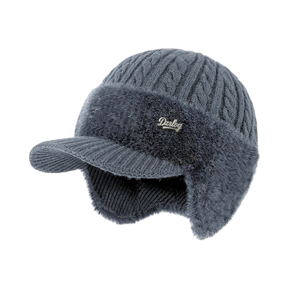 Fleece-Lined Cable Knit Beanie with Ear Protection and Visor