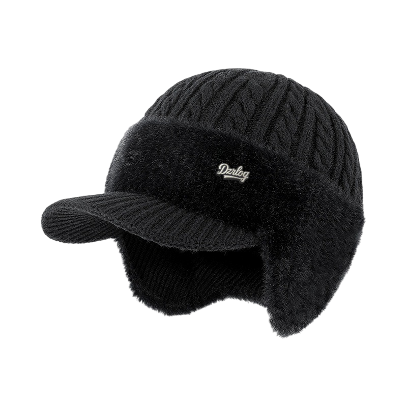 Fleece-Lined Cable Knit Beanie with Ear Protection and Visor