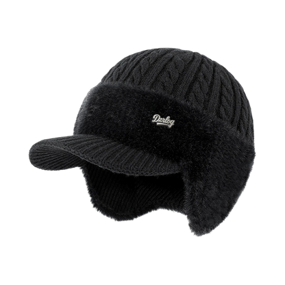 Fleece-Lined Cable Knit Beanie with Ear Protection and Visor
