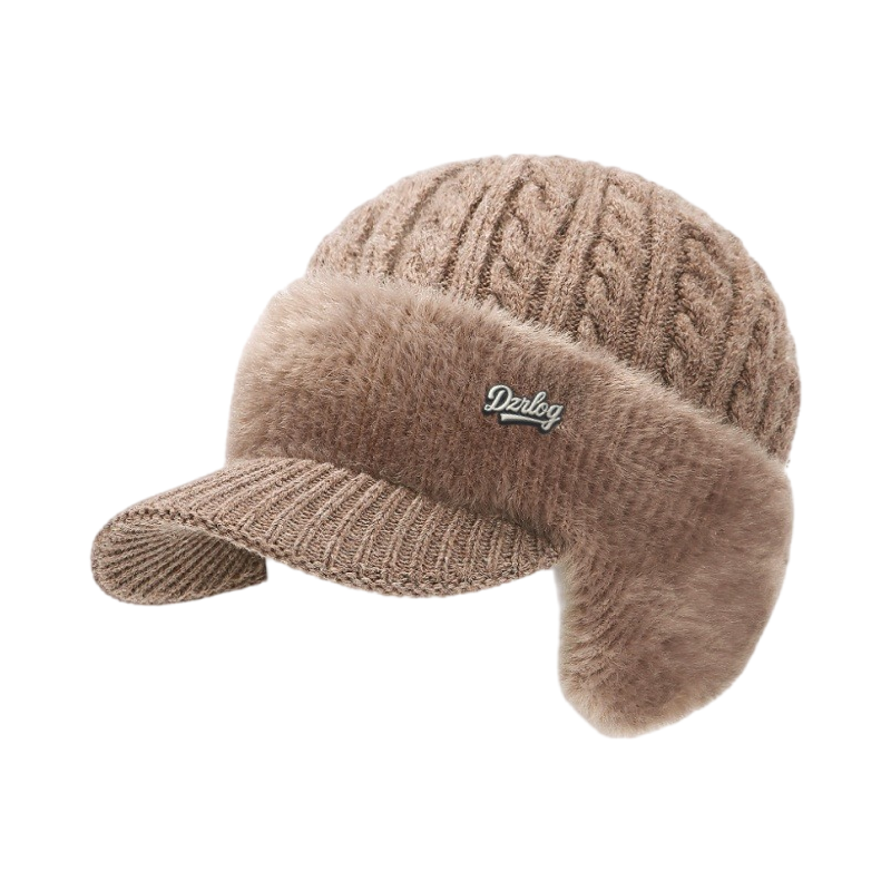 Fleece-Lined Cable Knit Beanie with Ear Protection and Visor