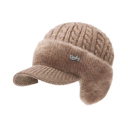 Fleece-Lined Cable Knit Beanie with Ear Protection and Visor