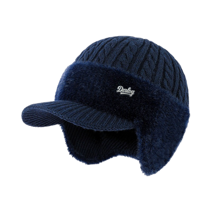 Fleece-Lined Cable Knit Beanie with Ear Protection and Visor