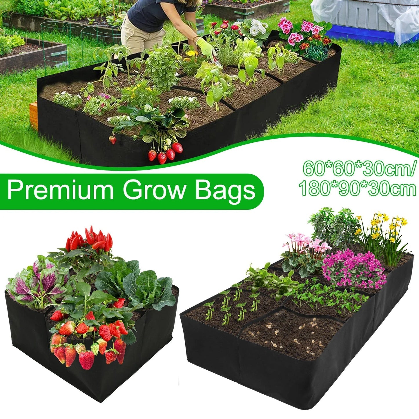 Raised Garden Bag with 8 Compartments | Black Felt Material | 180x90x30 cm